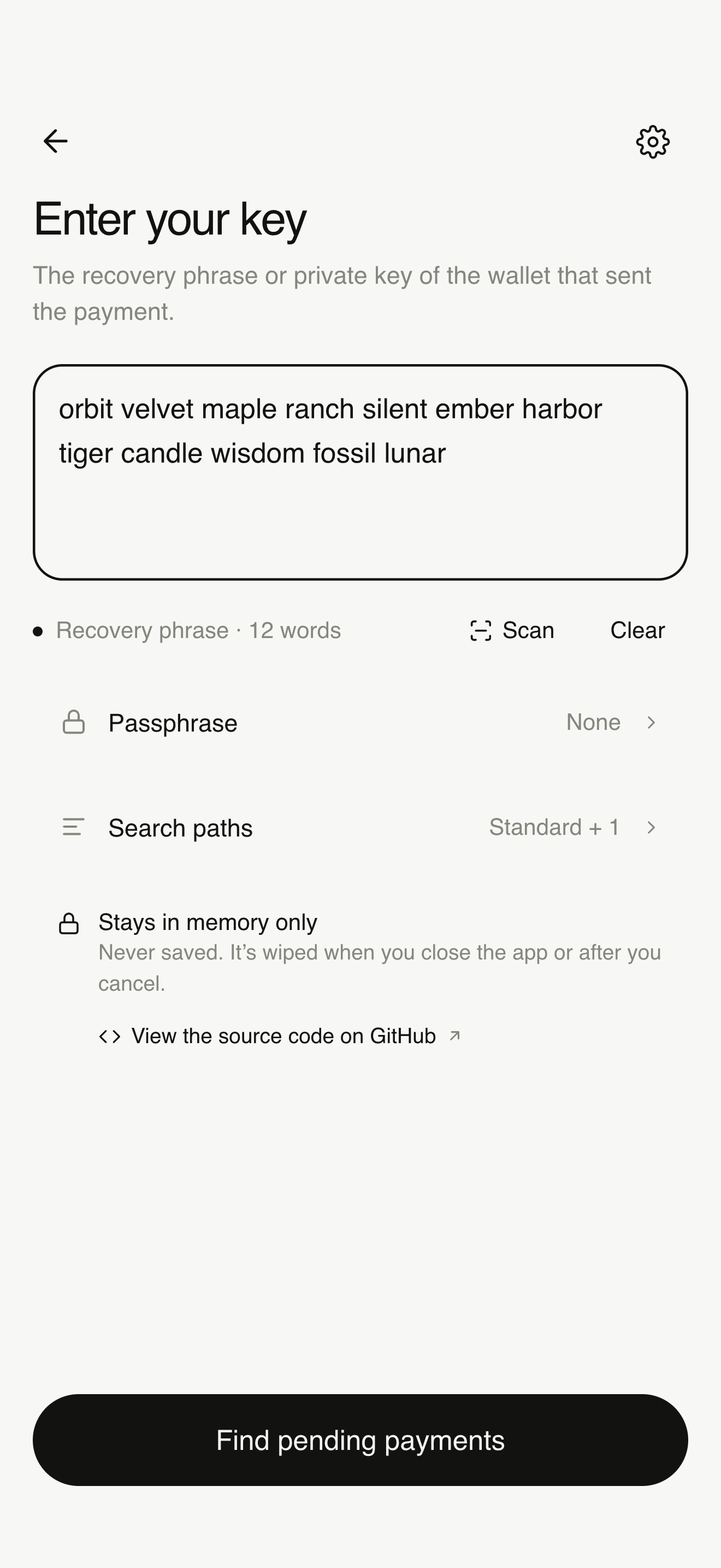 Enter your key screen with a recovery phrase and a Stays in memory only note