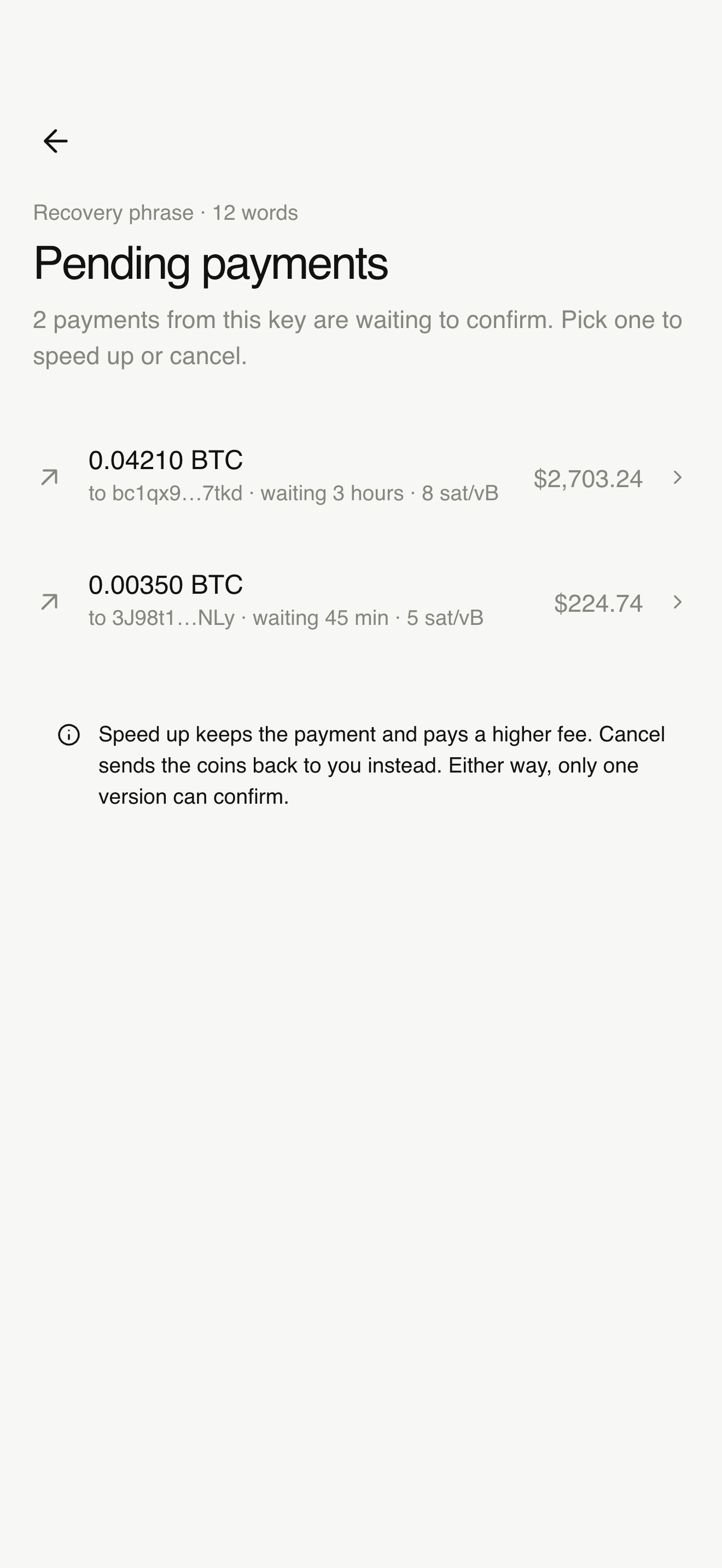 Pending payments found from your key