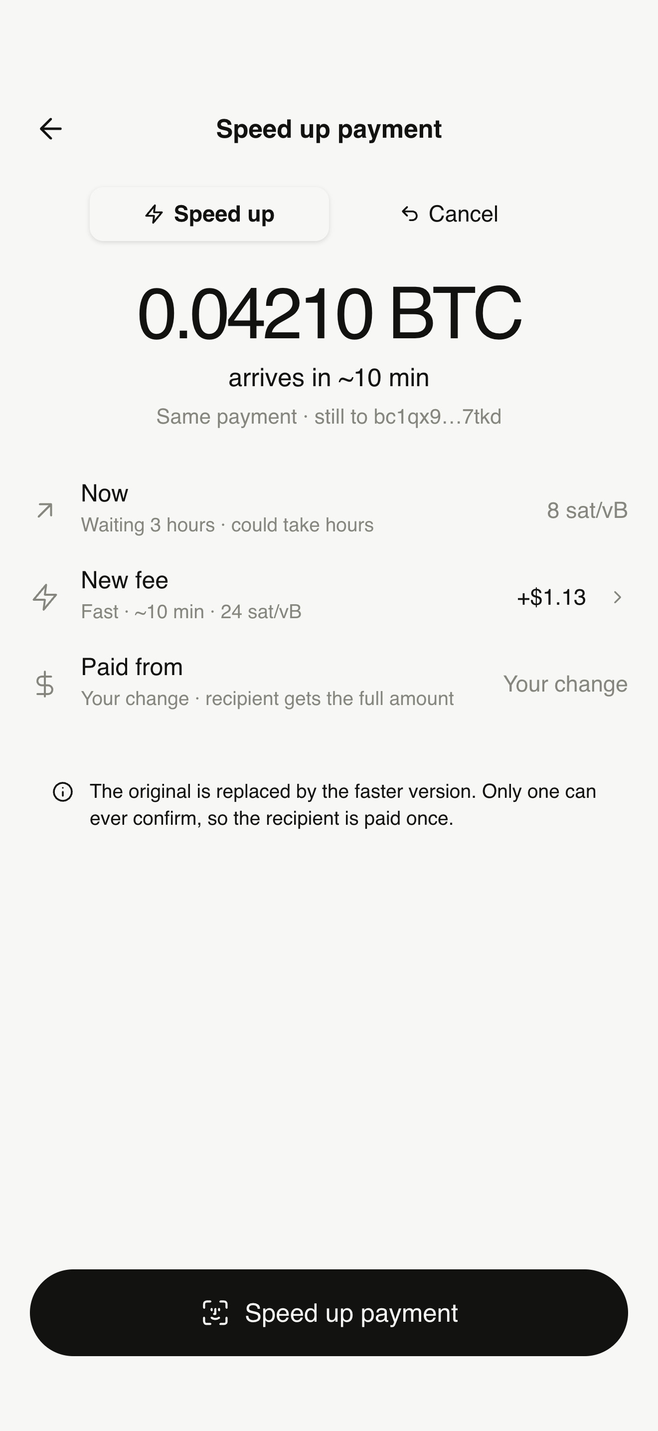 Speed up payment screen showing 0.04210 BTC arriving in about 10 minutes